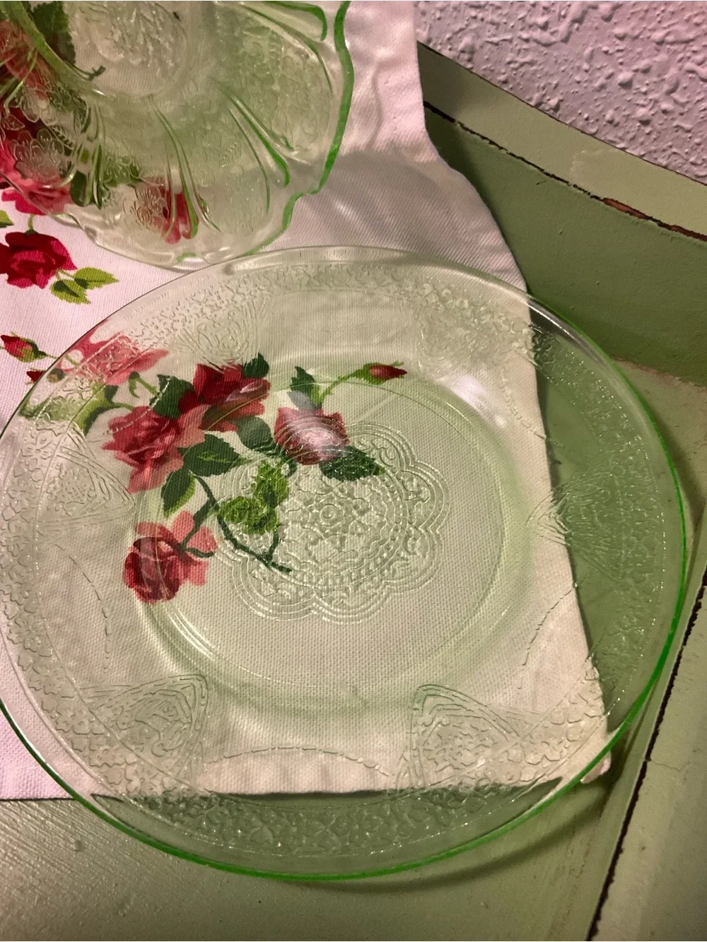 Lot of 4 mixed Green Uranium Saucers Plate Glass